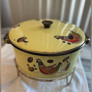 Vintage Yellow Enamel Cookware with Bird Motif